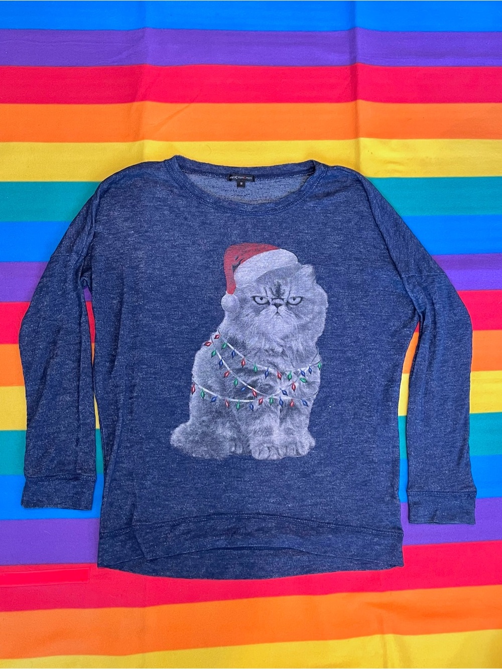 Christmas Cat Sweater Shirt Navy Graphic Long-Sleeve Santa Hat, Women’s Medium